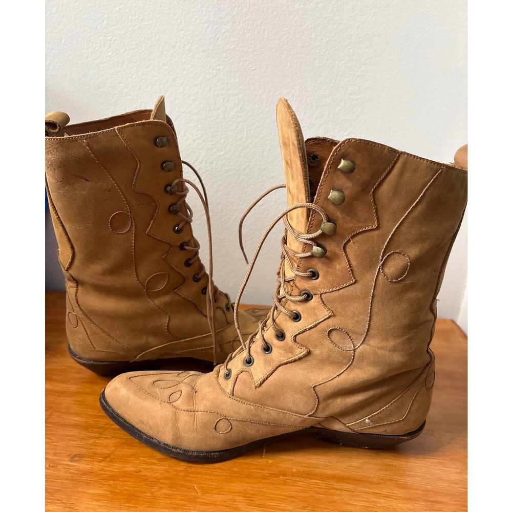 Vintage Tan Leather Lace Up Victorian Style Granny Packer Boot 7.5 - Picture 6 of 7